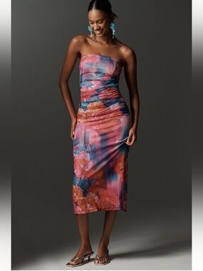 NWT Anthropologie Strapless Floral Midi Dress in Pink, Blue & Orange